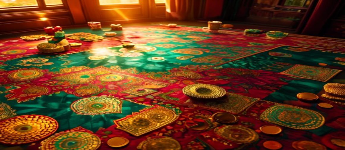 Inside the Jaiho Rummy floor — golden hour lighting with playing cards and casino chips