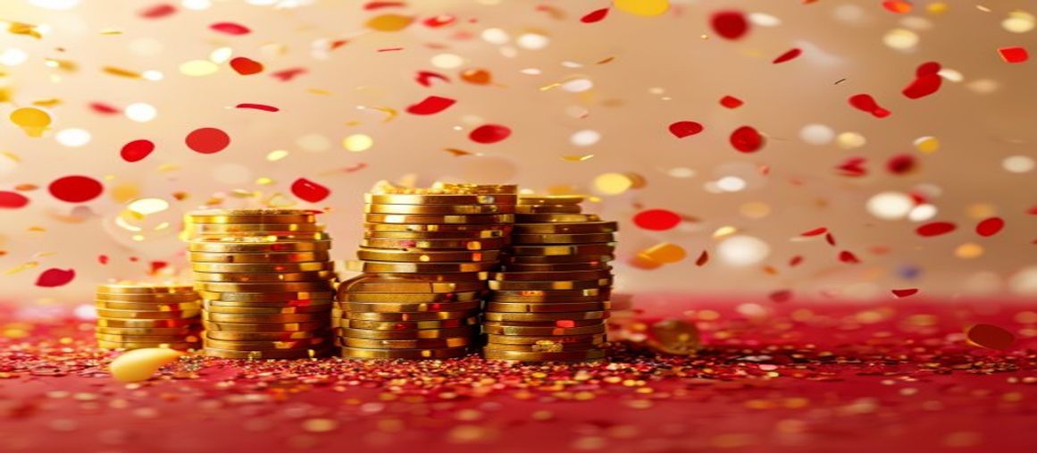 Stacked golden rummy chips and confetti — Jaiho Rummy bonuses and loyalty rewards