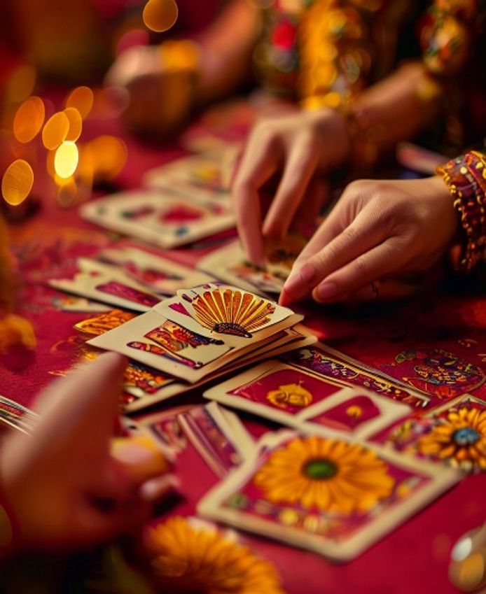 Hands fanning playing cards at the Jaiho Rummy live-casino floor